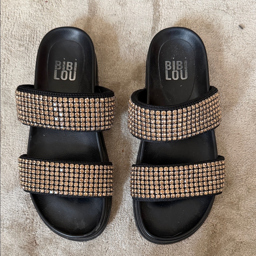 Bibi Lou Women's Black Slide Sandals with Gold Rhinestone Straps